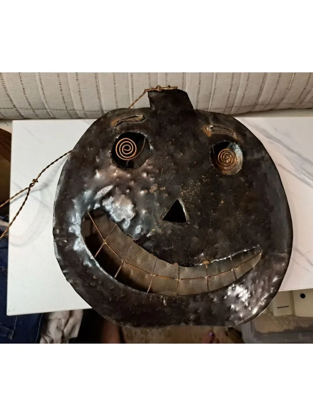 Vintage Distressed Metal Jack-o'-Lantern Hanging Luminary Halloween Decoration